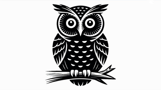 Minimalist black and white woodcut style owl illustration