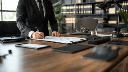 Businessperson signing legal document at desk Dark wood desk black suit
