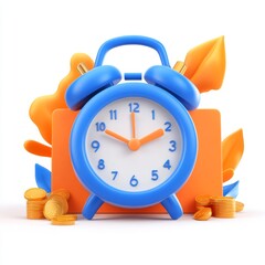 Blue alarm clock on orange background with gold coins and leaves time money