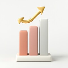 3D Render Ascending Bar Graph with Gold Arrow chart growth upward progress