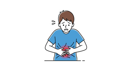 Young person experiencing stomach pain clutching abdomen with worried expression and sweating