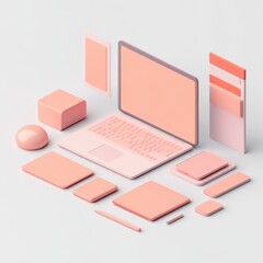 Pastel Pink Laptop Tablets Phone and Stationary Mockup Stationery Technology