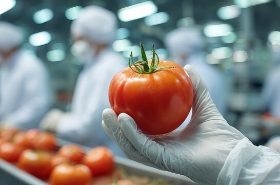 In the foreground, a close up of hands in white gloves holding a tomato against a blurred background of workers preparing tomatoes for packaging at a modern food factory.