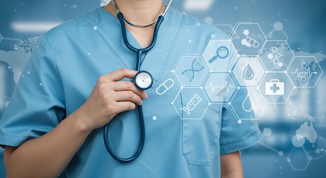 Healthcare professional holding stethoscope with digital medical icons overlay