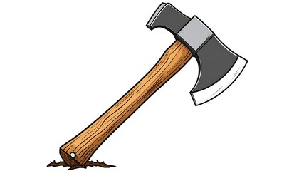 Handdrawn illustration of a woodhandled axe dark gray metal head sharp blade planted in the ground isolated on white background detailed wood grain texture