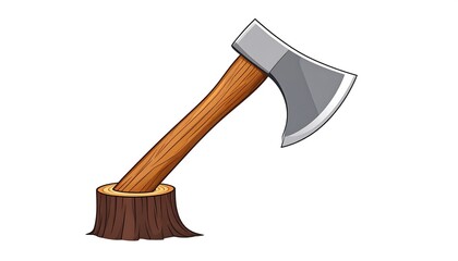 Cartoon illustration of a woodhandled axe embedded in a tree stump isolated on white background vibrant colors detailed textures and playful style