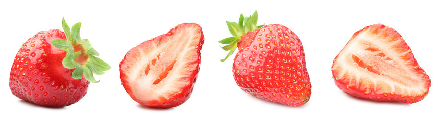 Fresh juicy strawberries isolated on white, collage. Whole and sliced