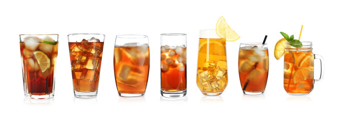 Iced tea. Different types of drinks in glasses isolated on white, set