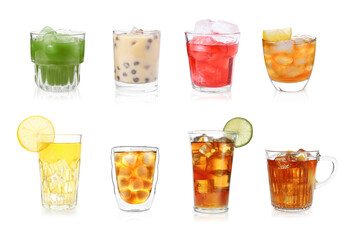 Iced tea. Different types of drinks in glasses isolated on white, set
