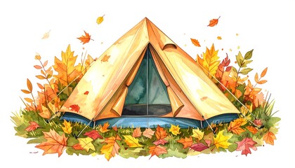 Autumnal Camping Scene A Watercolor Painting of a Conical Tent Nestled Amongst Vibrant Fall Foliage Leaves Scattered in the Gentle Breeze