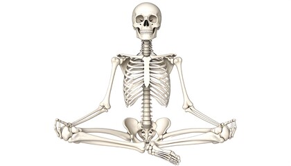 Anatomical rendering of a human skeletal structure in a seated meditative pose showcasing detailed bone structure and articulation isolated on a white background