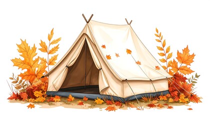 Autumnal Camping Scene A Beige Canvas Tent Nestled Amongst Vibrant Orange and Red Fall Foliage Surrounded by Lush Greenery Open Doorway Detailed Illustration