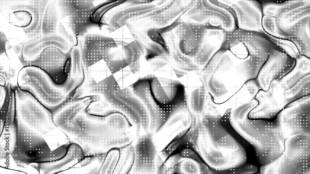 Poster abstract grayscale background featuring a dynamic liquid flow combined with digital dot patterns. id