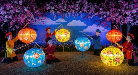 Children Decorate With Colorful Lanterns Under Cherry Blossom Trees