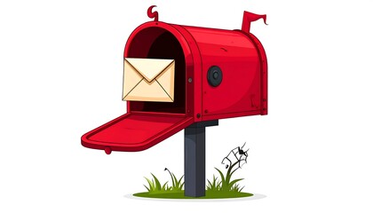 A vibrant red mailbox with a letter inside positioned on a post amidst a patch of green grass and a small withered plant against a stark white background