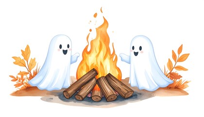 Two cheerful spectral figures rendered in watercolor enjoy a cozy autumnal bonfire surrounded by vibrant foliage and glowing embers