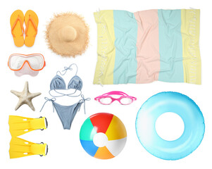 Different stylish beach accessories and starfish on white background, collage