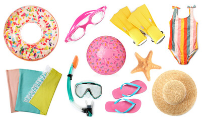 Different stylish beach accessories and starfish on white background, collage