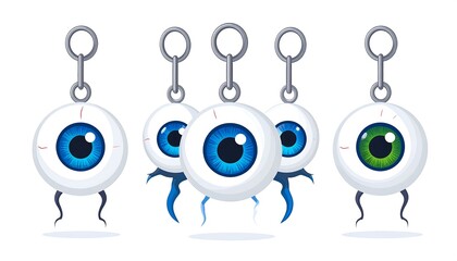 Cartoon eyeball keychains with blue and green irises hanging on metallic rings  featuring small legs and whimsical design elements