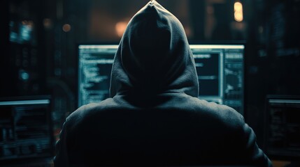 The Enigma of the Hacker: Anonymous Figure in Hoodie Engaged in the Intricate Dance of Code Decryption