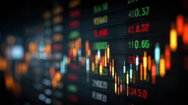 Close-up of a digital screen displaying financial stock market data with graphs and analytics