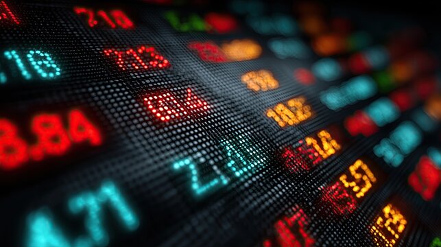 Close-up of a digital screen displaying financial stock market data with graphs and analytics