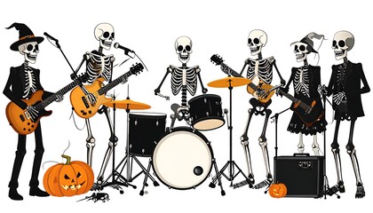 Skeleton band playing musical instruments Halloween themed illustration pumpkins skull musicians guitar drums spooky music group festive cartoon characters