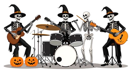 Skeleton band playing musical instruments wearing witch hats pumpkins at their feet Halloween themed illustration