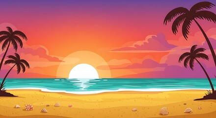 A vibrant cartoon illustration of a serene beach sunset with a large sun on the horizon, glowing on the turquoise sea and framed by silhouetted palm trees.