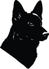Striking black silhouette of a noble German Shepherd dog's head, showcasing its intelligent gaze and alert profile, ideal for themes of loyalty, protection, and canine companionship.