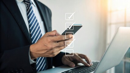 Businessman using smartphone and laptop with financial data isolated on transparent background