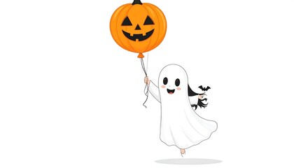 Joyful spectral figure in white costume floats holding an orange jackolantern balloon against a bright white background playful Halloween scene