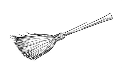 Handdrawn illustration of a traditional cleaning implement featuring a long slender handle and a bushy fiber head isolated on a white background perfect for autumnal or witchthemed designs