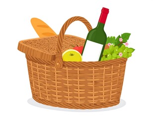A rustic woven basket brimming with a bottle of wine fresh fruit a loaf of bread and a sprig of grapes all set for a delightful outdoor picnic