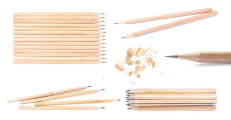 Wooden graphite pencils and shavings on white background, collage