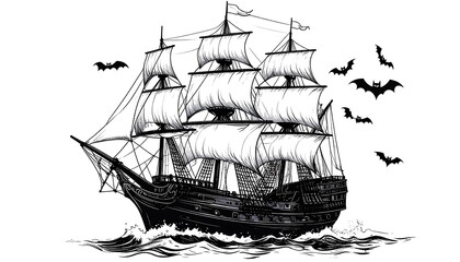 Majestic threemasted sailing vessel navigating ocean waves under a sky filled with nocturnal flying mammals  Black and white illustration Nautical adventure