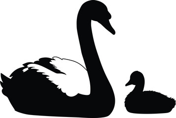 Elegant silhouette of a graceful adult swan with its small cygnet beside it, symbolizing maternal love, nature's beauty, and family bonds in a serene, minimalist design.