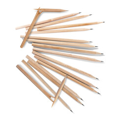 Many wooden graphite pencils on white background, collage