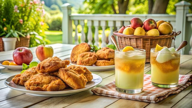 Photo of an inviting outdoor spread features plates of fried chicken and cookies, alongside refreshing drinks topped with whipped cream and fruit, under a sunny sky