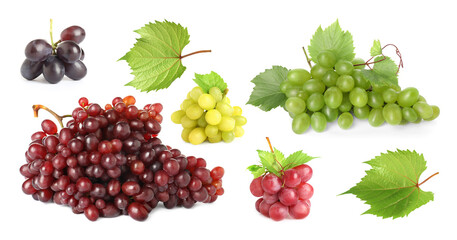Different grape varieties and green leaves on white background, collage