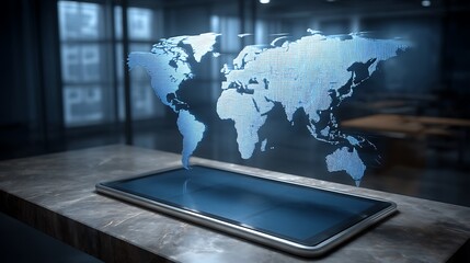 Digital world map projection on tablet device in modern office setting showcasing technology and innovation