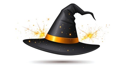 Enchanting Black Witch Hat with Sparkling Golden Accents and Festive Pyrotechnic Effects Isolated on White Background for Holiday Celebrations