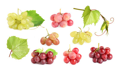 Different grape varieties and green leaves on white background, collage