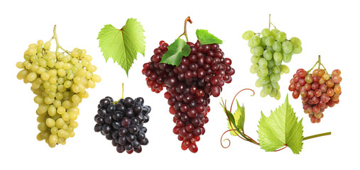 Different grape varieties and green leaves on white background, collage