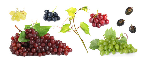 Different grape varieties and green leaves on white background, collage