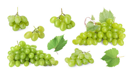 Fresh juicy grapes and green leaves on white background, collection