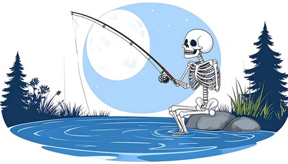 Skeletal Figure Angling by Serene Moonlight Lake Silhouetted Trees Rocks and Rippling Water Nighttime Fishing Scene Cartoon Illustration