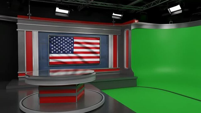 A news studio set featuring the American flag and a green screen backdrop.