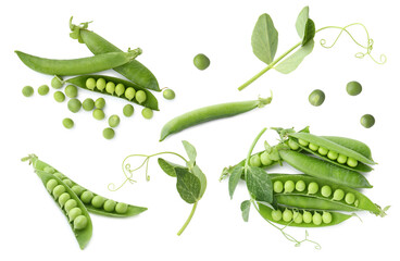 Fresh green peas and pods isolated on white, set