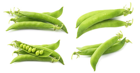Fresh green peas in pods isolated on white, set